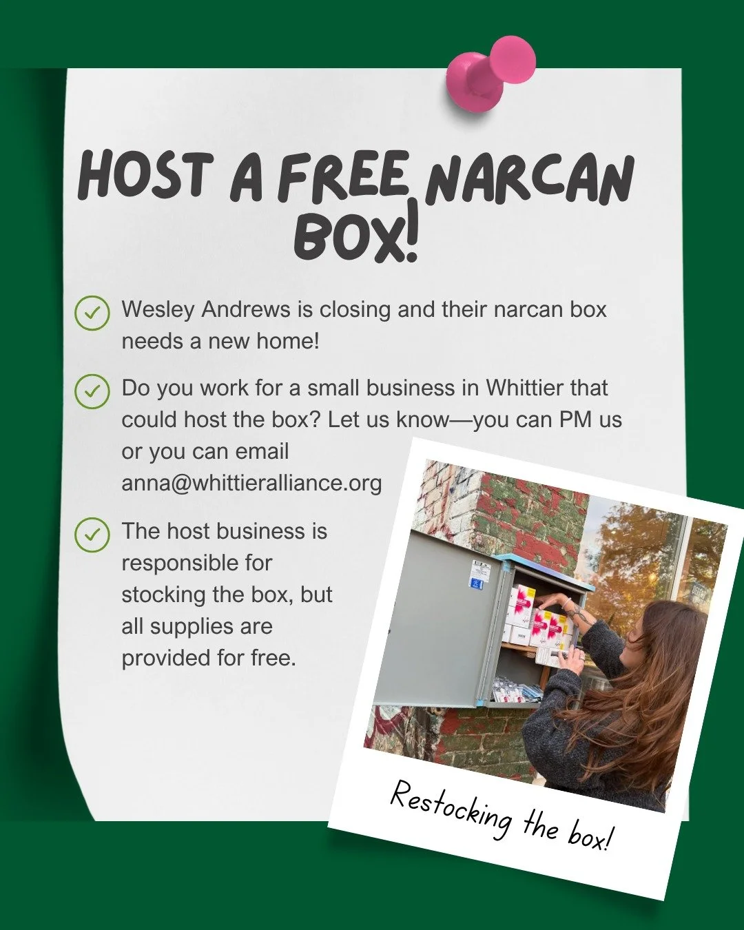 If you haven't heard, @wesleyandrews.cc is closing at the end of December 😭

That means their narcan box from @fentanyl_free needs a new home! 

Do you own or work at a business in Whittier that might be interested in hosting the box? Let us know + 