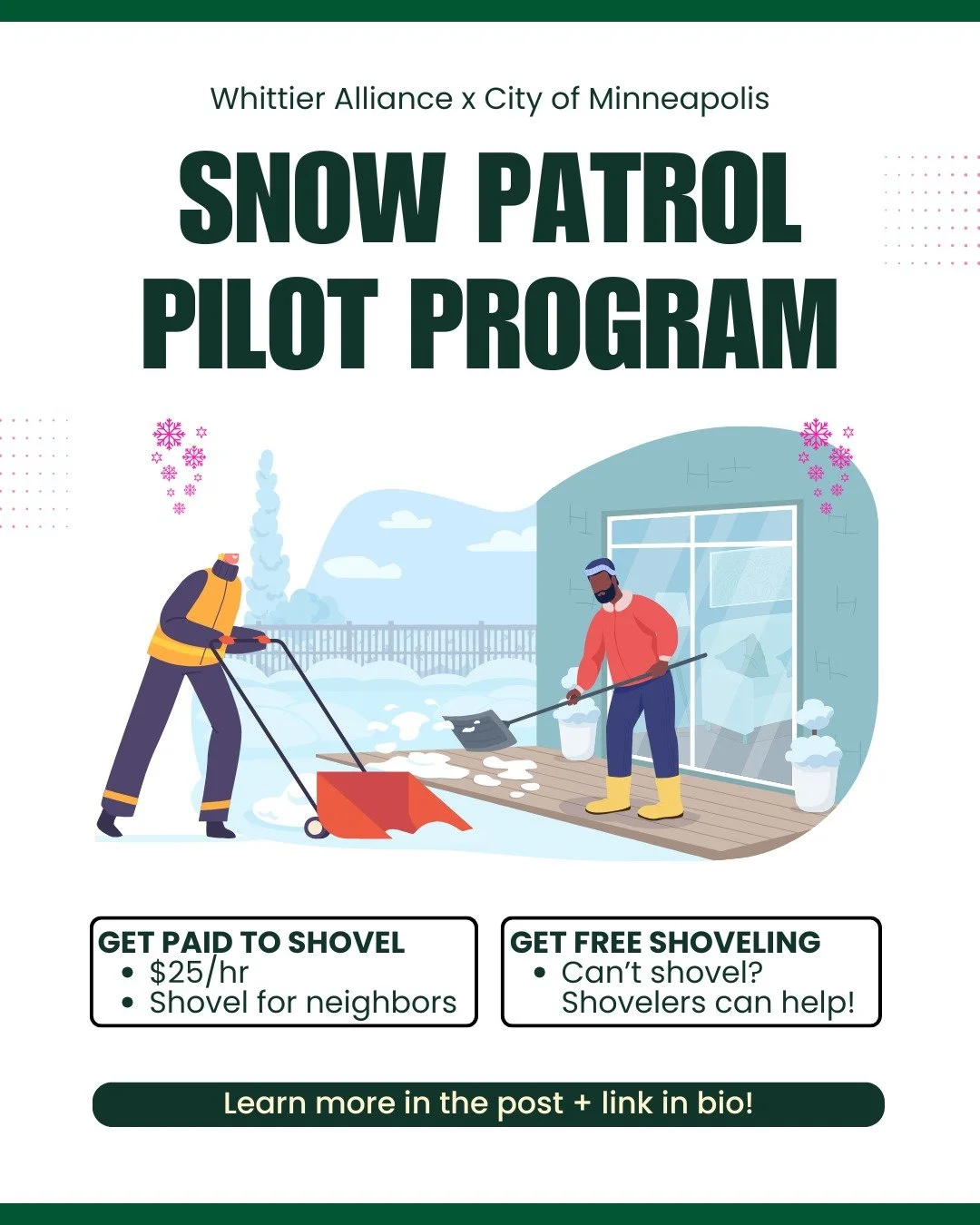 Whittier Alliance is partnering with @mplsgov Public Works to offer a FREE snow shoveling pilot this winter! 

☃️ Need help shoveling because you're elderly, disabled, or otherwise unable to shovel your sidewalk? We can help! Check the link in our bi