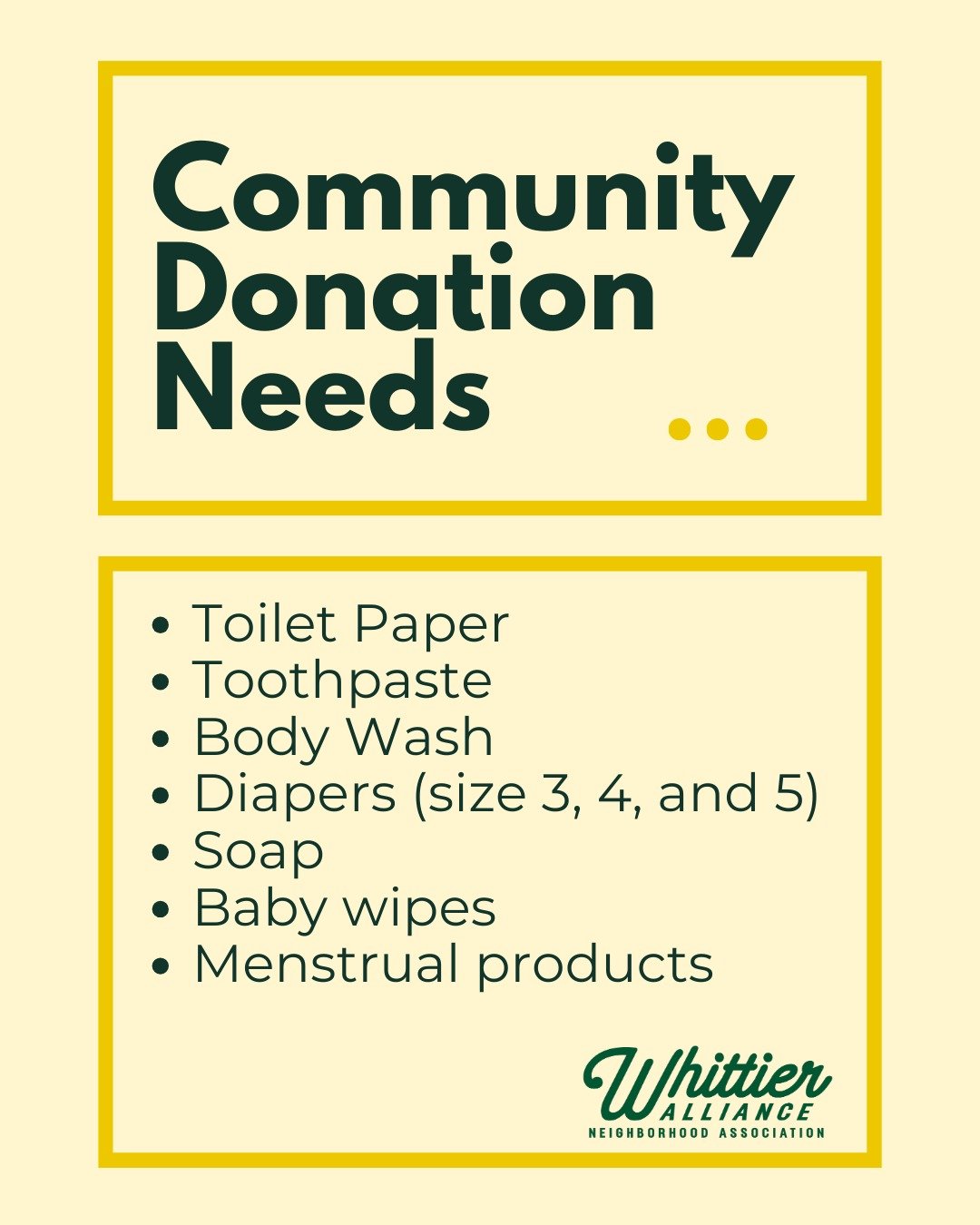 We are adding a DONATION DRIVE to our ICE Response Community Meeting.

Please bring items to the meeting or email anna@whittieralliance.org to arrange drop off at the Whittier Alliance office. 

Items requested by Whittier families:
💚 Toilet paper
?