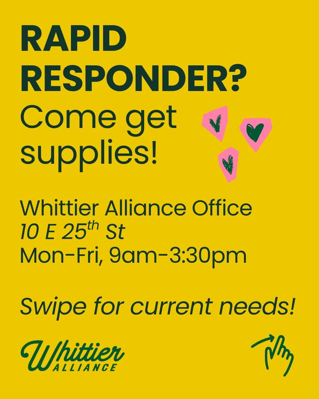 Out doing patrol? We got you! Come grab supplies, warm up, and grab a hot drink. We're open Mon-Fri, 9am-3:30pm, 10 E 25th St.

Want to donate? Highest need items:
💚 YakTrax (all sizes) -- biggest need!
💚 Respirators
💚 Headlamps
💚 Balaclavas

We'