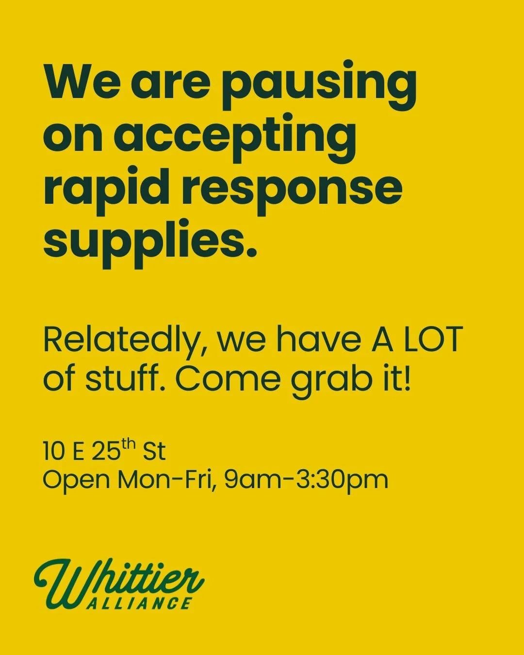 Thank you for your generosity 💚

We are pausing on accepting rapid response supplies. 

If you're in need of rapid response gear--come and get some! Or if you do street outreach, feel free to grab this stuff and distribute it.

-YakTrax
-Water bottl