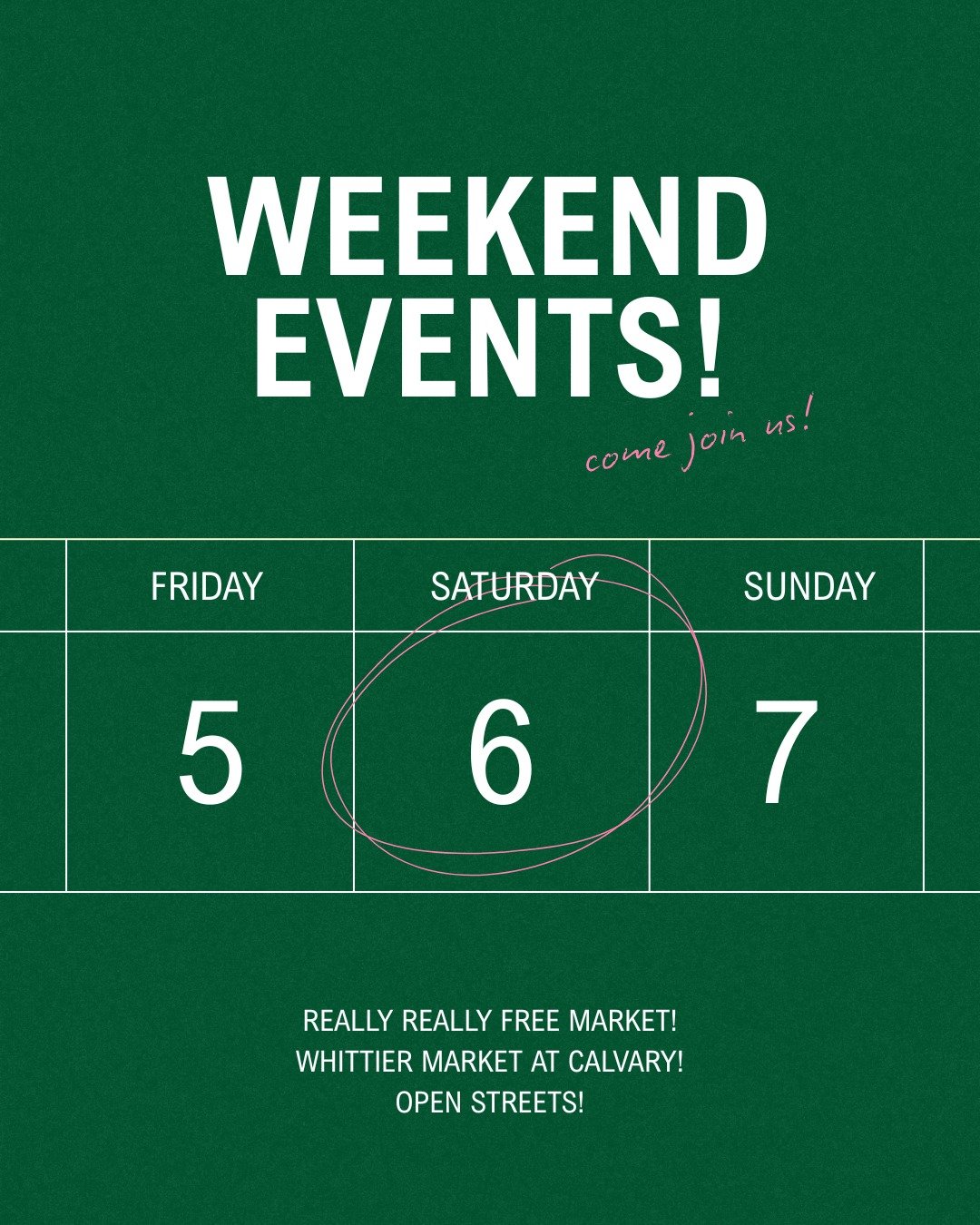 It's officially summer when you need to make a carousel post just for one weekend of events 😅 Swipe for your weekend plans in Whittier!

SATURDAY: 
💚 Really Really Free Market at Whittier Park! Bring stuff! Take stuff! 1-4pm

SUNDAY: 
💚 Open Stree