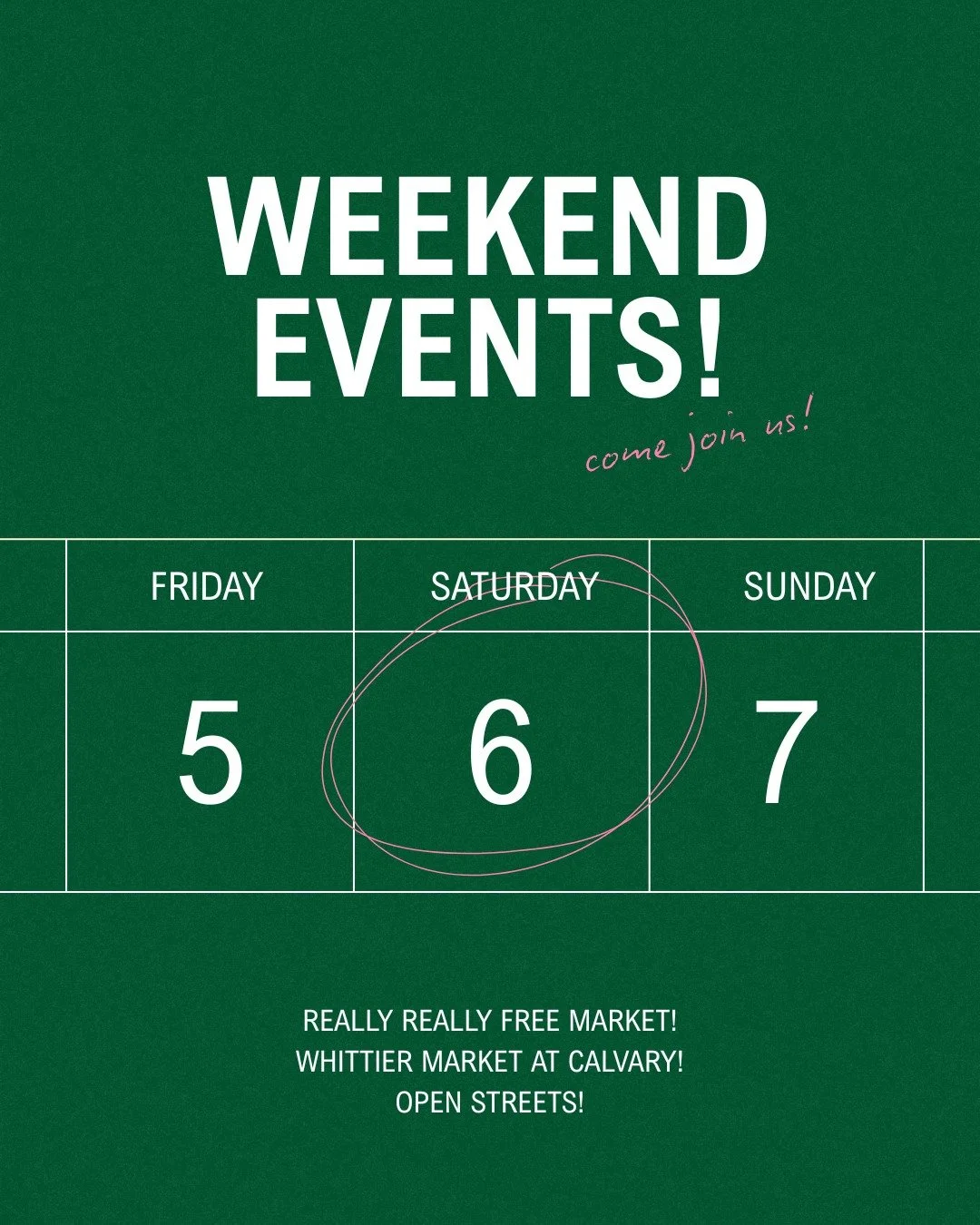 It's officially summer when you need to make a carousel post just for one weekend of events 😅 Swipe for your weekend plans in Whittier!

SATURDAY: 
💚 Really Really Free Market at Whittier Park! Bring stuff! Take stuff! 1-4pm

SUNDAY: 
💚 Open Stree