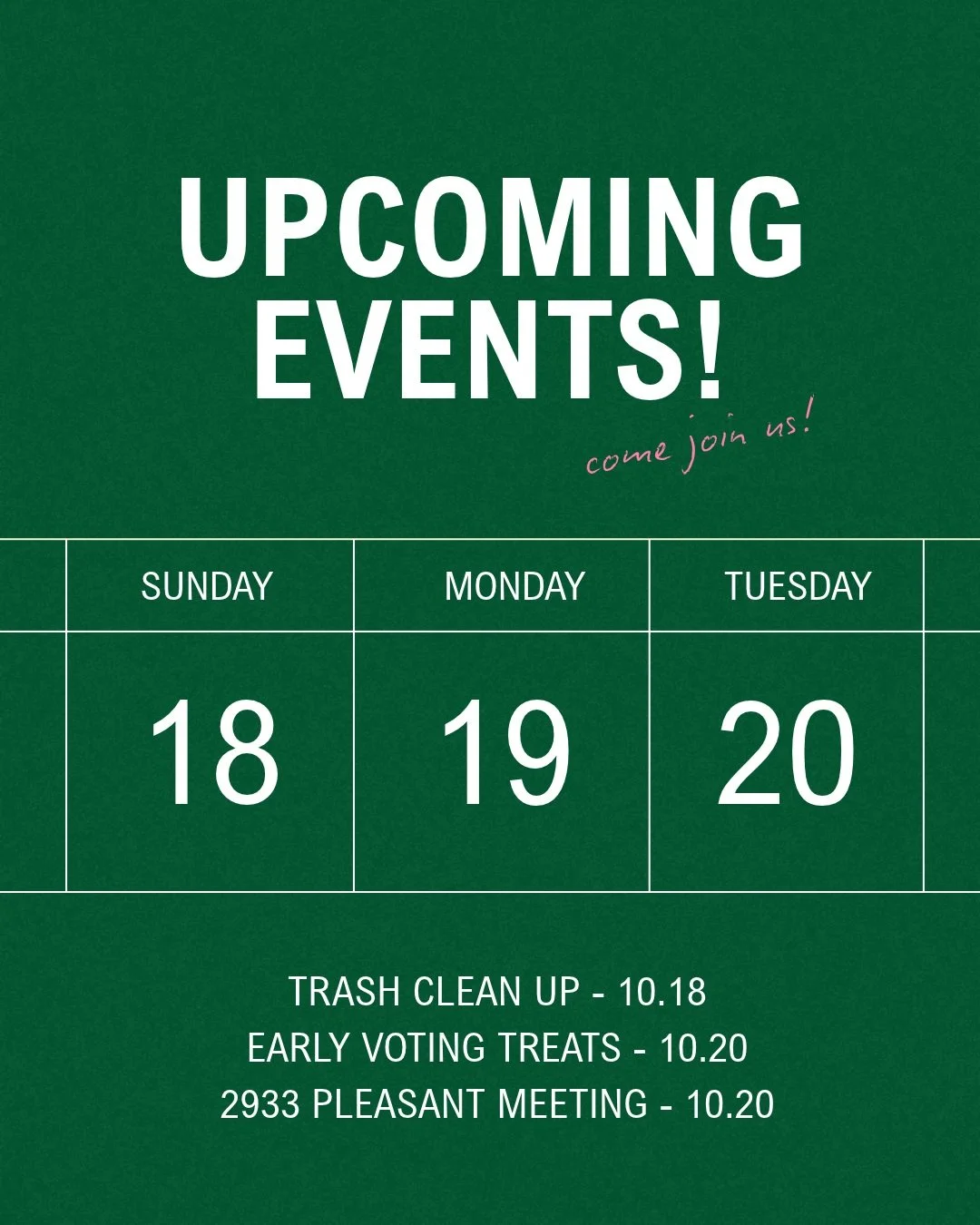 We have THREE events in the next four days! Hope to see you there.

1️⃣ Trash Clean Up
⏰ Sunday, 9:45-11am
📍 Whittier Alliance - 10 E 25th St
Meet at our office, grab coffee + donuts, then pick up trash with neighbors!

2️⃣ Early Voting Treats
⏰ Tue