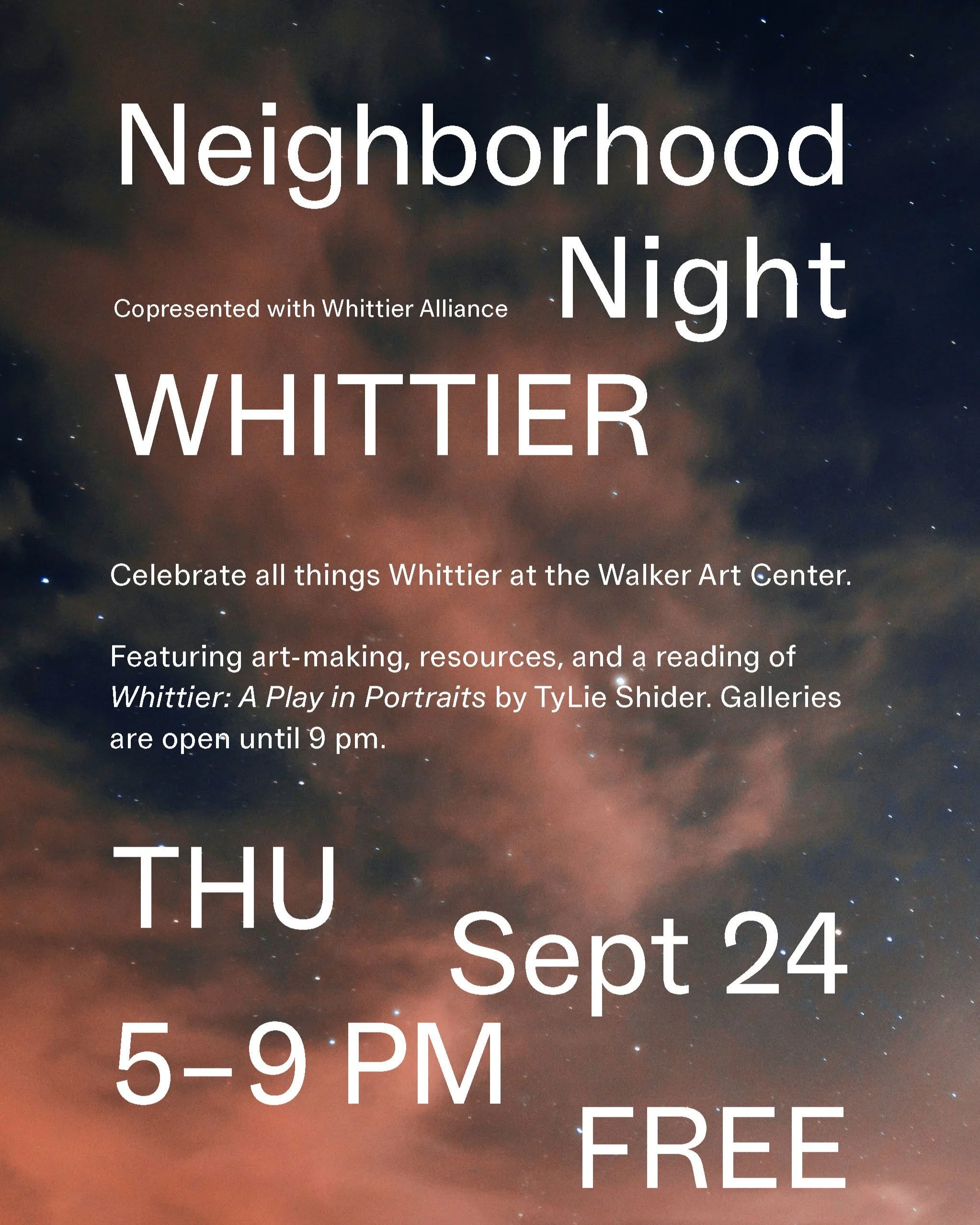 TONIGHT! Join us @walkerartcenter for the Walker&rsquo;s inaugural Neighborhood Night 🌘 

The night will feature events and activities designed and led by members of the Whittier community, hands-on art-making with local artist Claire McKevitt, tabl