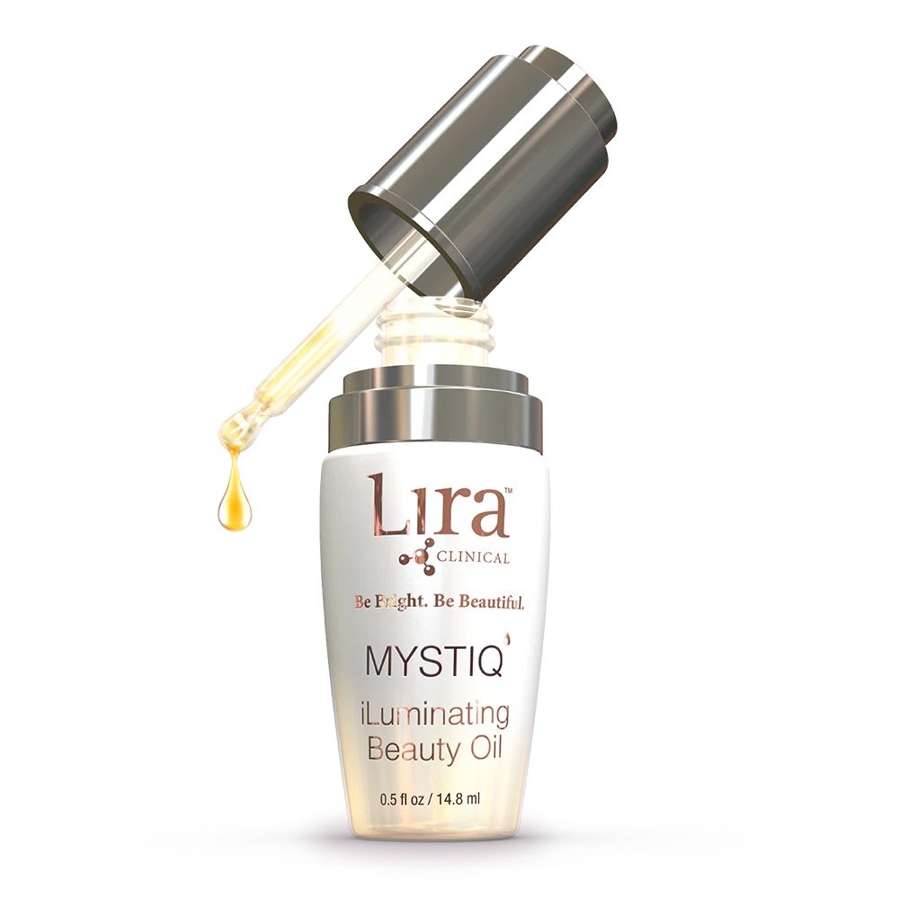 Lira Mystico serum in a glass bottle with a dropper, showcasing a luxurious design and branding on a neutral backdrop.