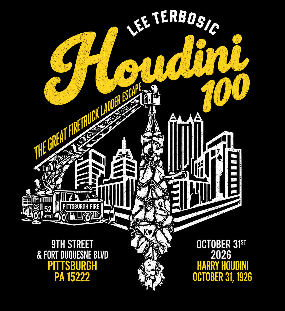 Houdini 100 Chapter Two commemorative artwork showing Pittsburgh’s skyline, a firetruck ladder and upside-down escape