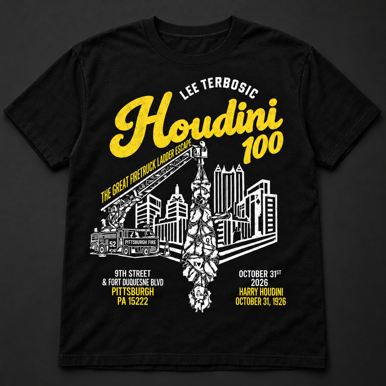 Black Houdini 100 T-shirt with the gold and white Pittsburgh firetruck ladder escape design