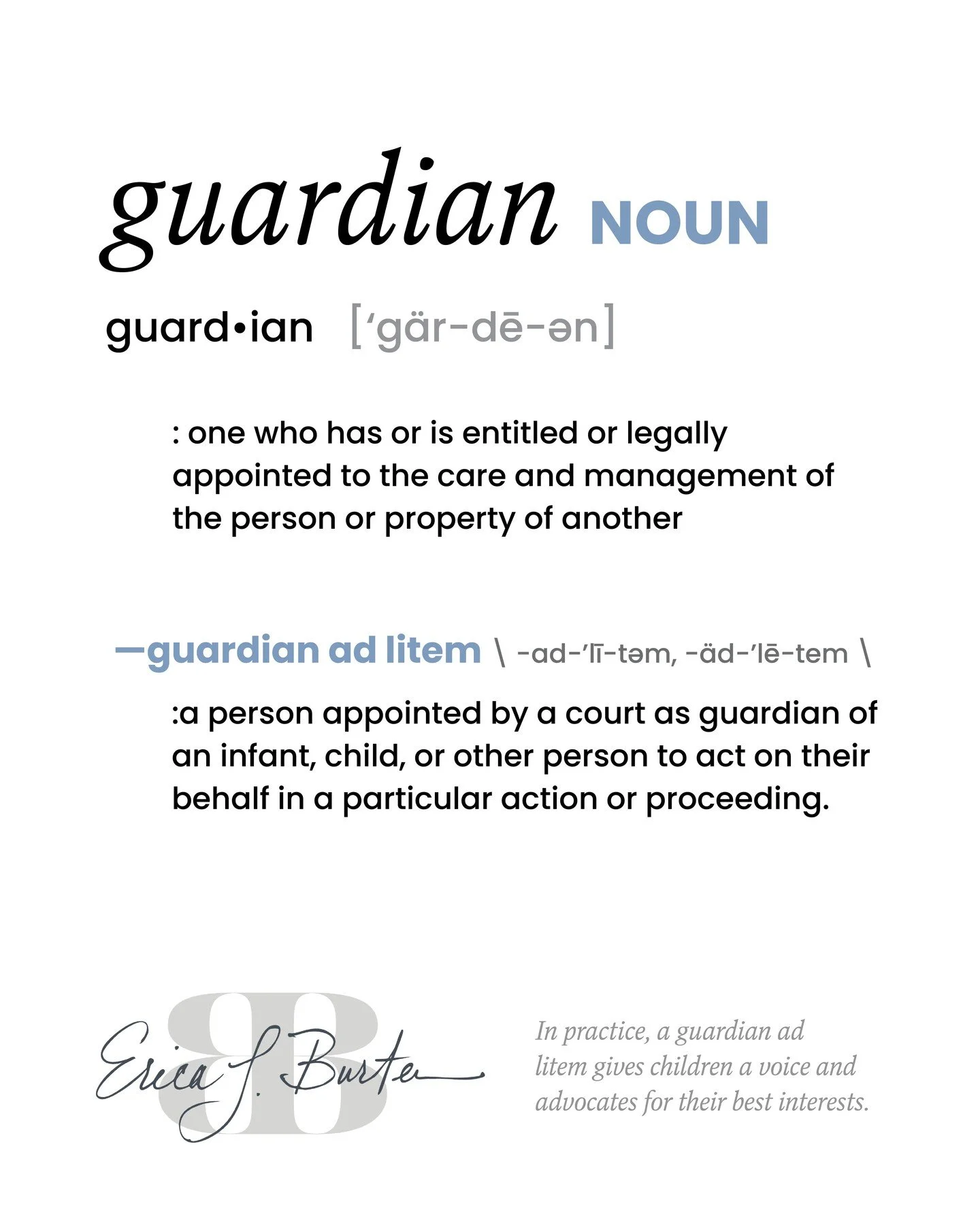 Family law comes with a lot of unfamiliar terminology. We&rsquo;re here to help you understand the terms you may hear throughout the process.

A guardian ad litem is a person appointed by the court to represent the best interests of a child in a lega