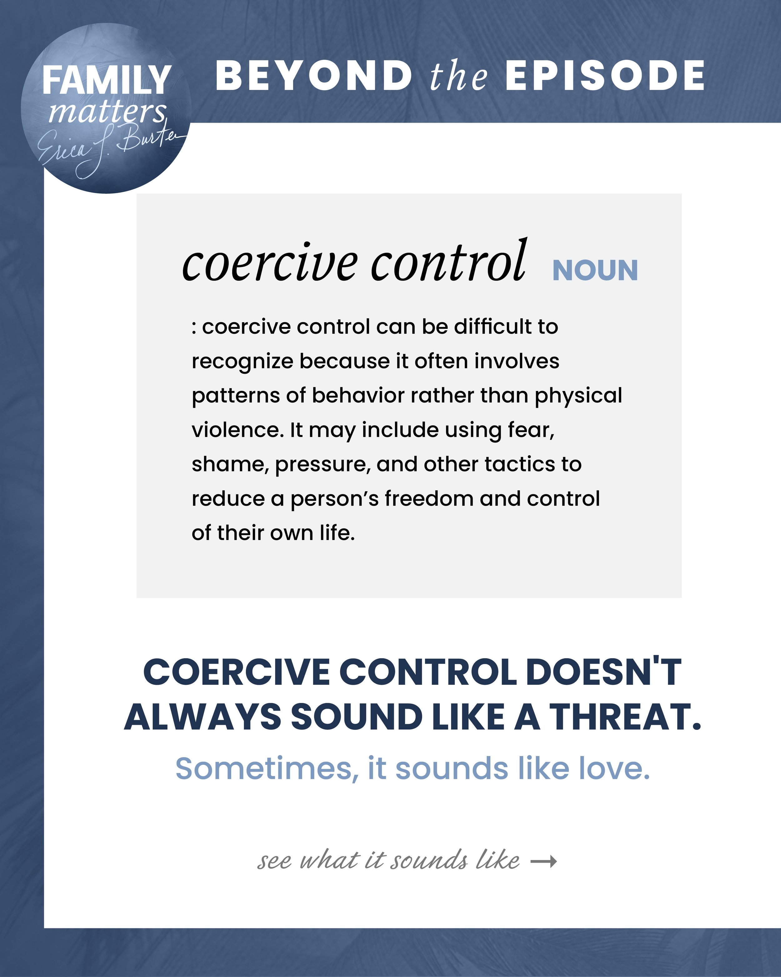 Coercive control is a form of abuse that can be difficult to identify, both for those experiencing it and for the people who care about them. It often involves a pattern of behaviors designed to isolate, intimidate or control another person.

In a re