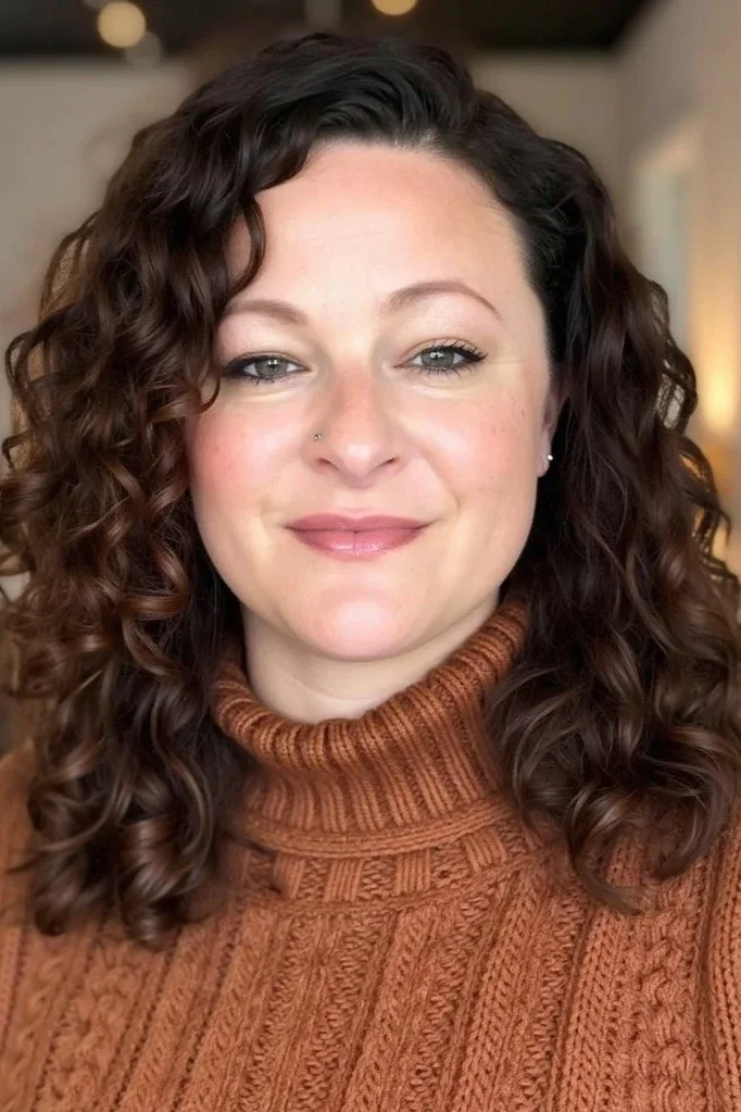 Close-up of a woman with curly brown hair, wearing a rust-colored knit turtleneck sweater, smiling indoors.
