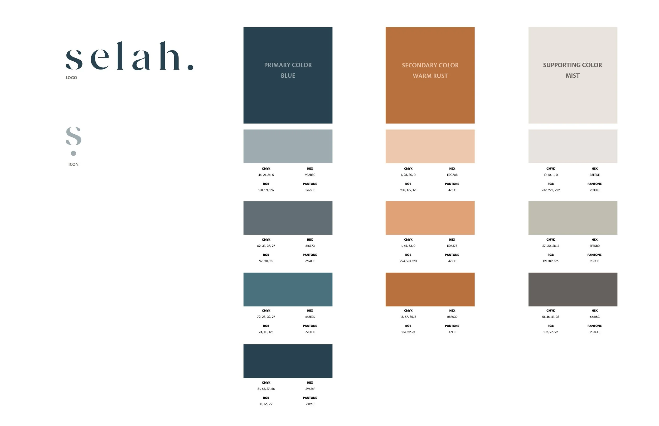 Selah Spa color palette featuring cool grays, violets, and earth tones