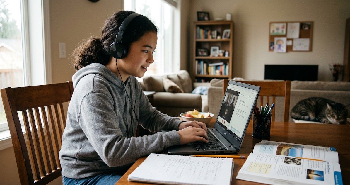 Middle school student sitting at a desk with headphones, using a chromebook to complete schoolwork.