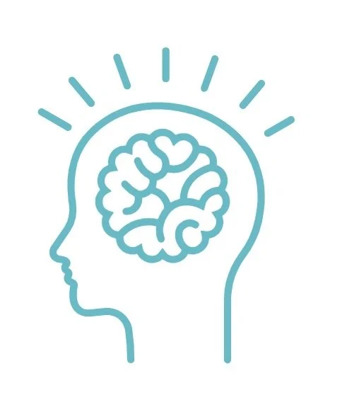 Outline of a human head profile with a brain icon inside and lines radiating outward, symbolizing thinking or creativity.