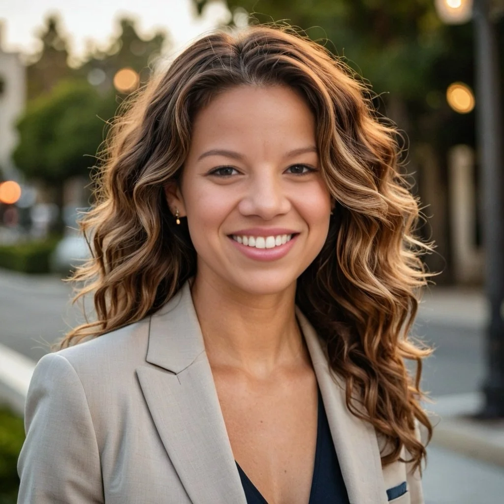 Portrait of a smiling woman with wavy hair, wearing a light blazer, outdoors with a blurred background.
