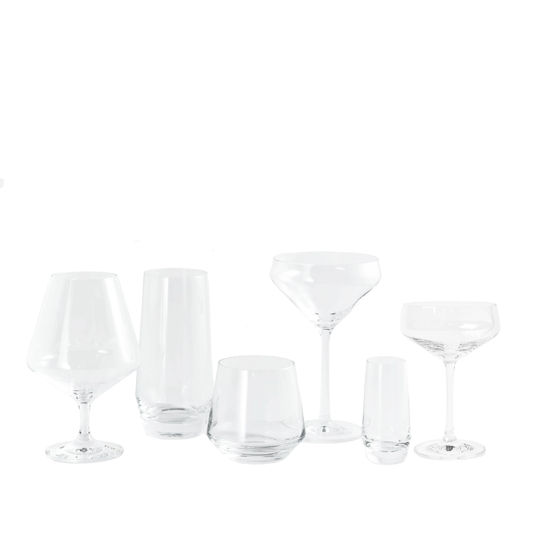 Six clear glassware pieces of varying shapes and sizes arranged on a white background.