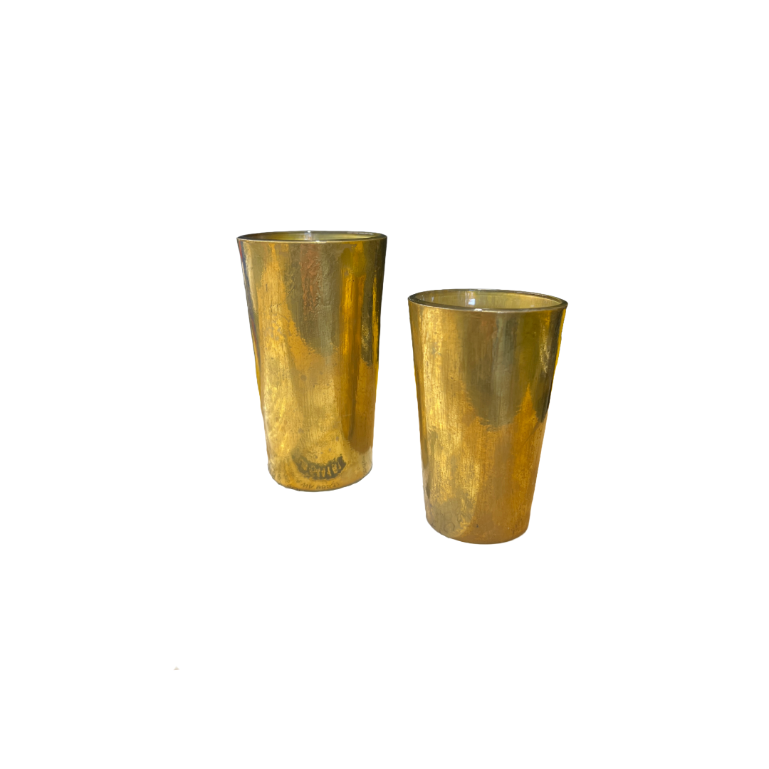 Two gold-colored decorative vases of different heights placed on a white background.