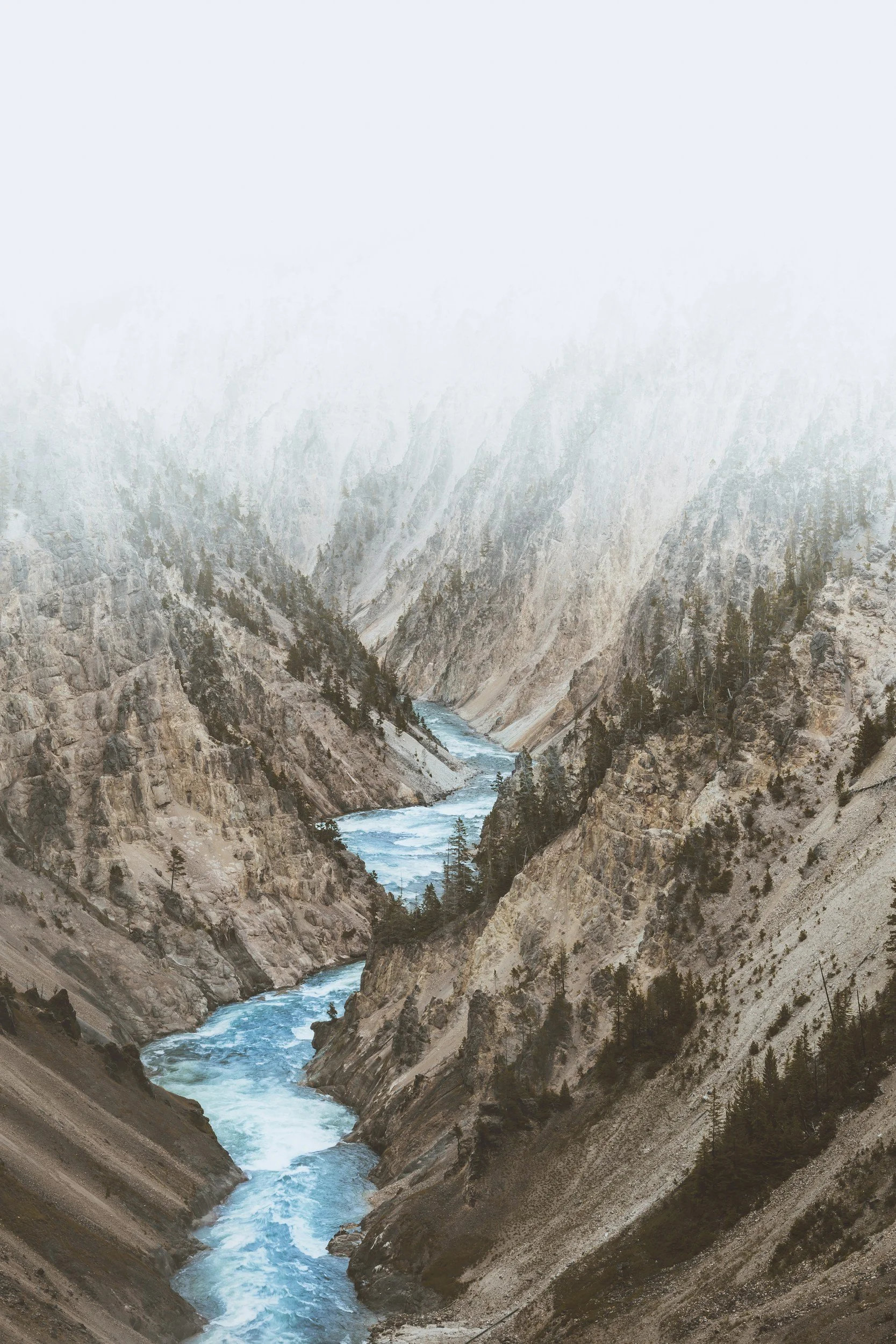 A river flowing through a steep, rocky canyon with trees along the slopes and fog or clouds above.