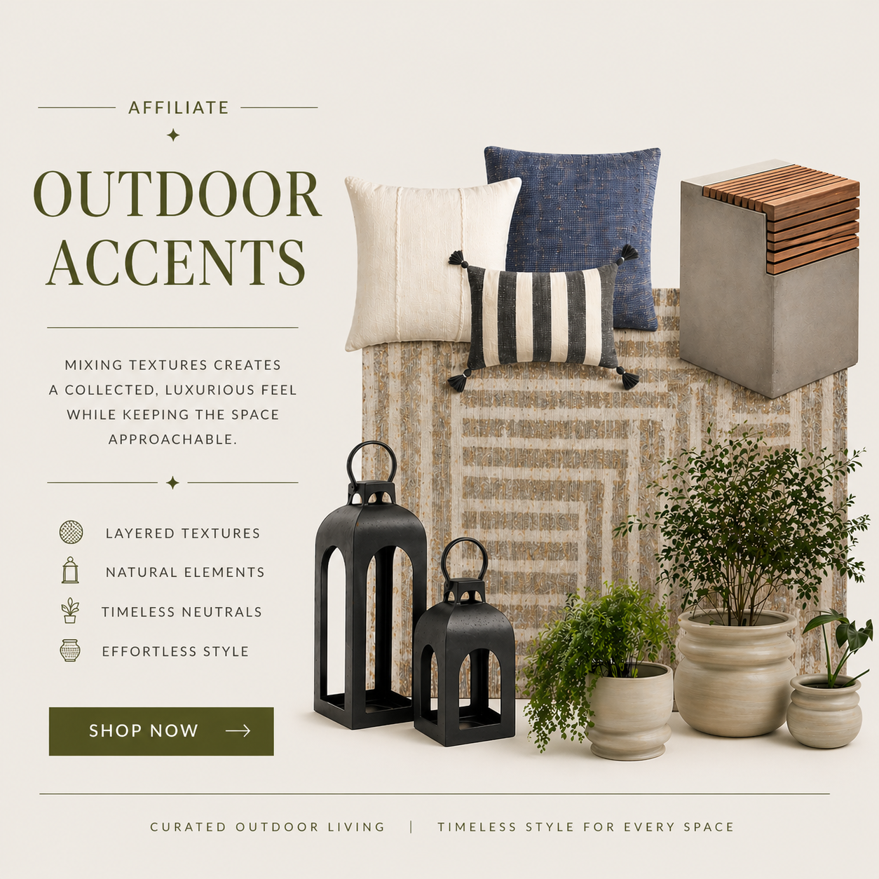 OUTDOOR AFFORDABLE DECOR, OUTDOOR PILLOWS, OUTDOOR RUG, OUTDOOR LANTERNS, OUTDOOR GUIDE