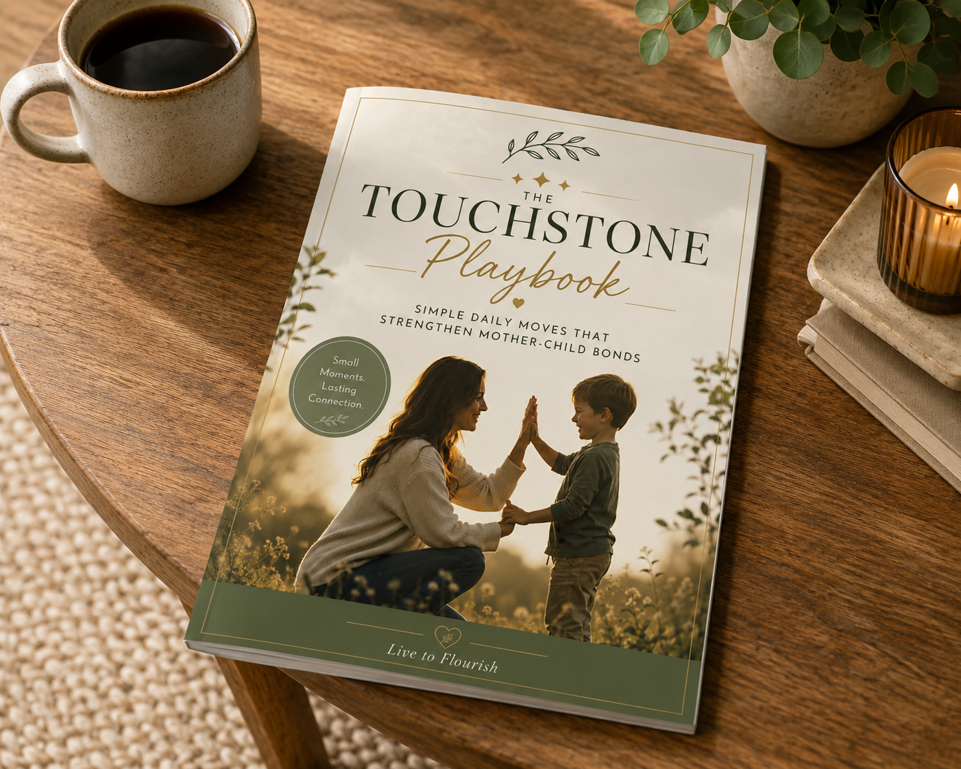 A book titled 'The Touchstone Playbook' lies on a wooden table, featuring a cover photo of a woman and a boy giving each other a high five outdoors, with coffee, candles, and a plant nearby.