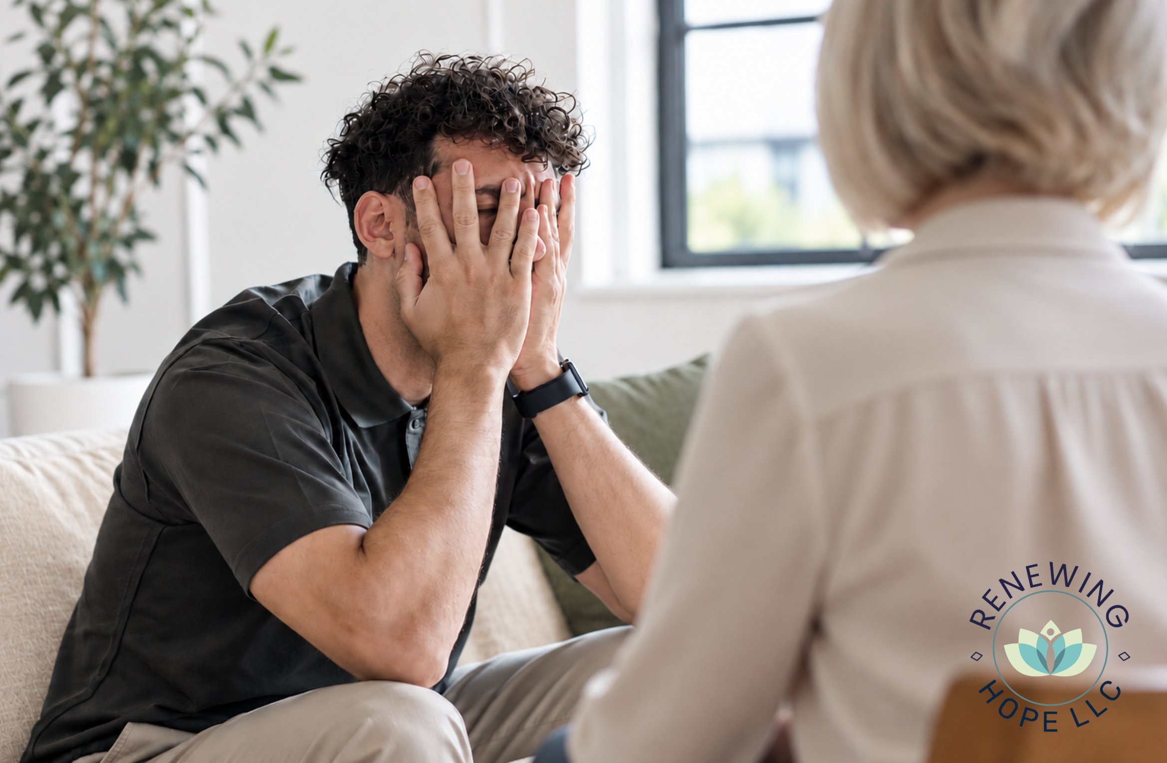 Client speaking with a therapist during an anxiety counseling session in Eastern Ohio.