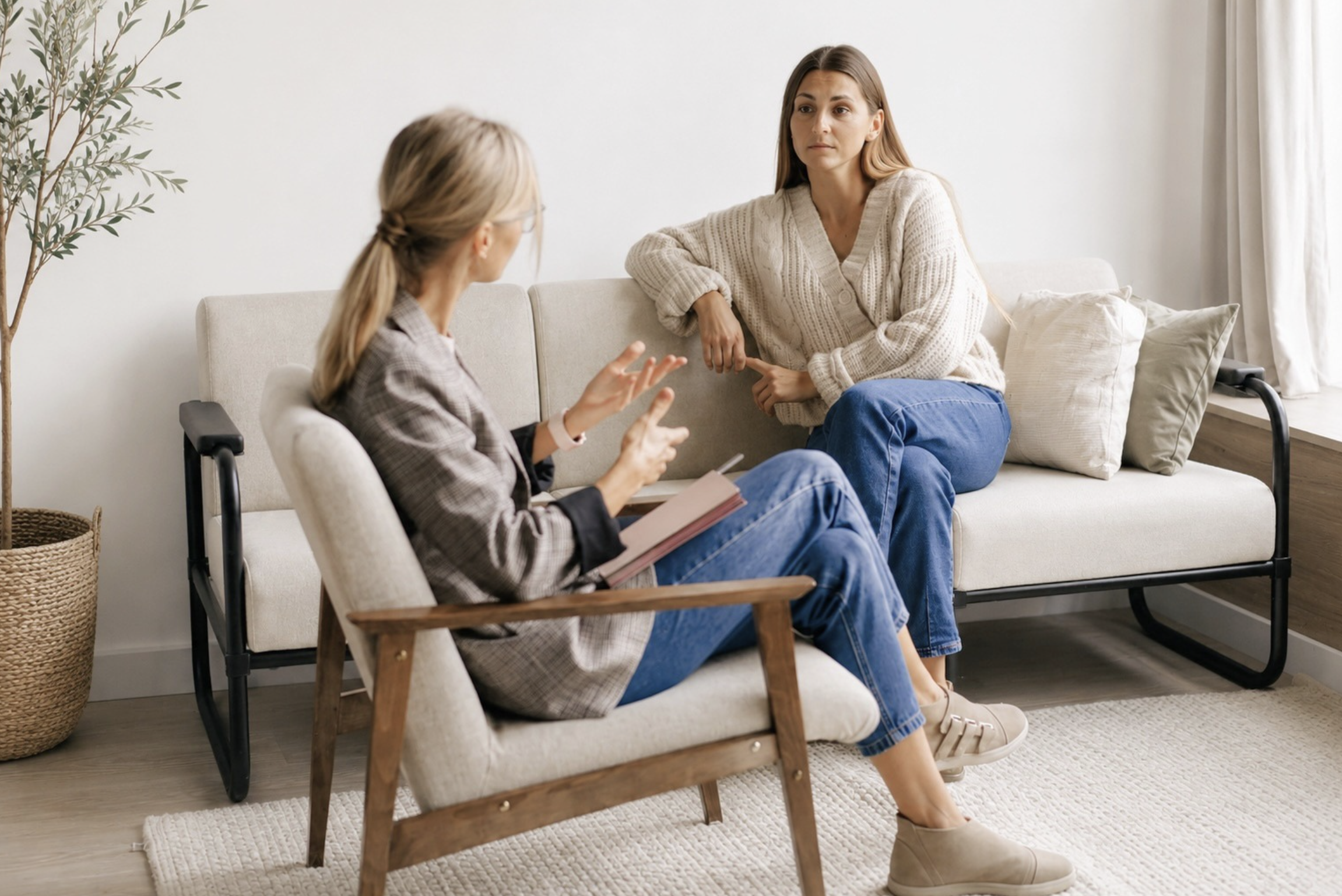 In person counseling session with a licensed therapist providing compassionate mental health therapy in a comfortable office setting at Renewing Hope LLC.