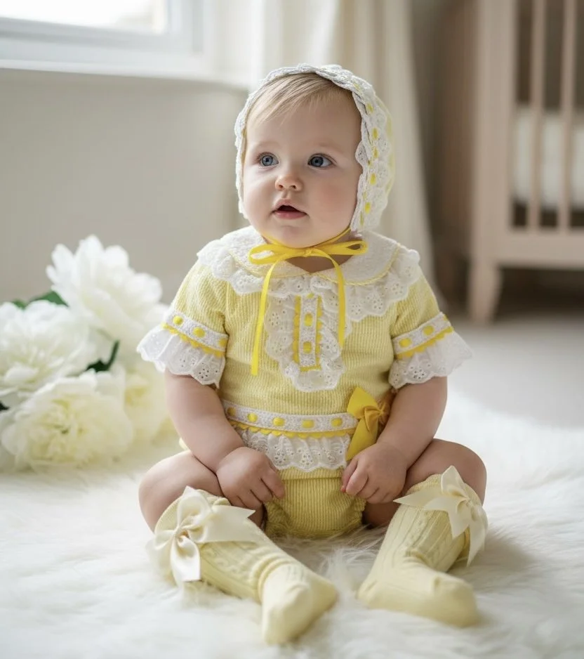 Lemon Bow Spanish Romper With Matching Bonnet