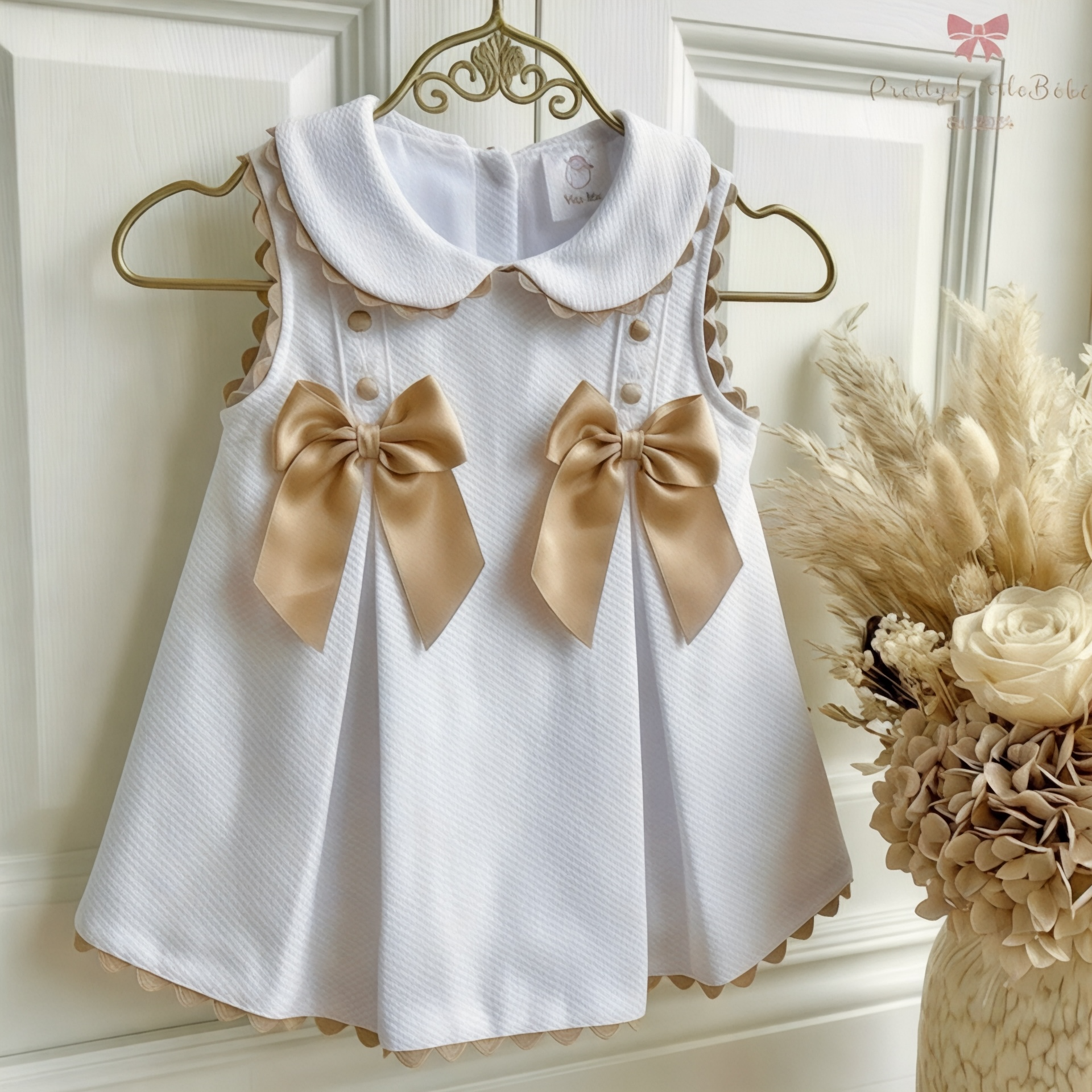 Girls A lined White & Caramel Bow Dress - Hermosa
