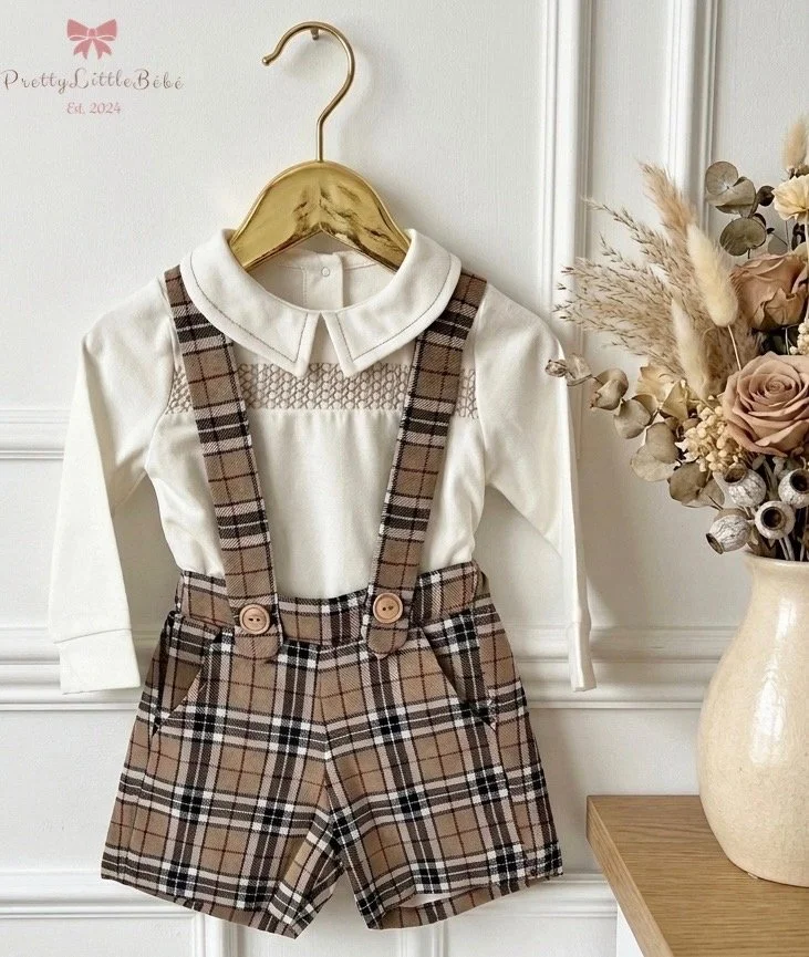 Boys Beige Tartan Shirt and Short With Brace Set