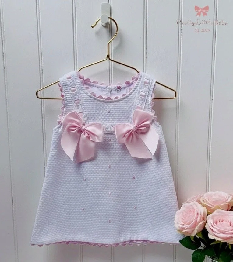 Wee Me White Waffle Dress With Pink Bows