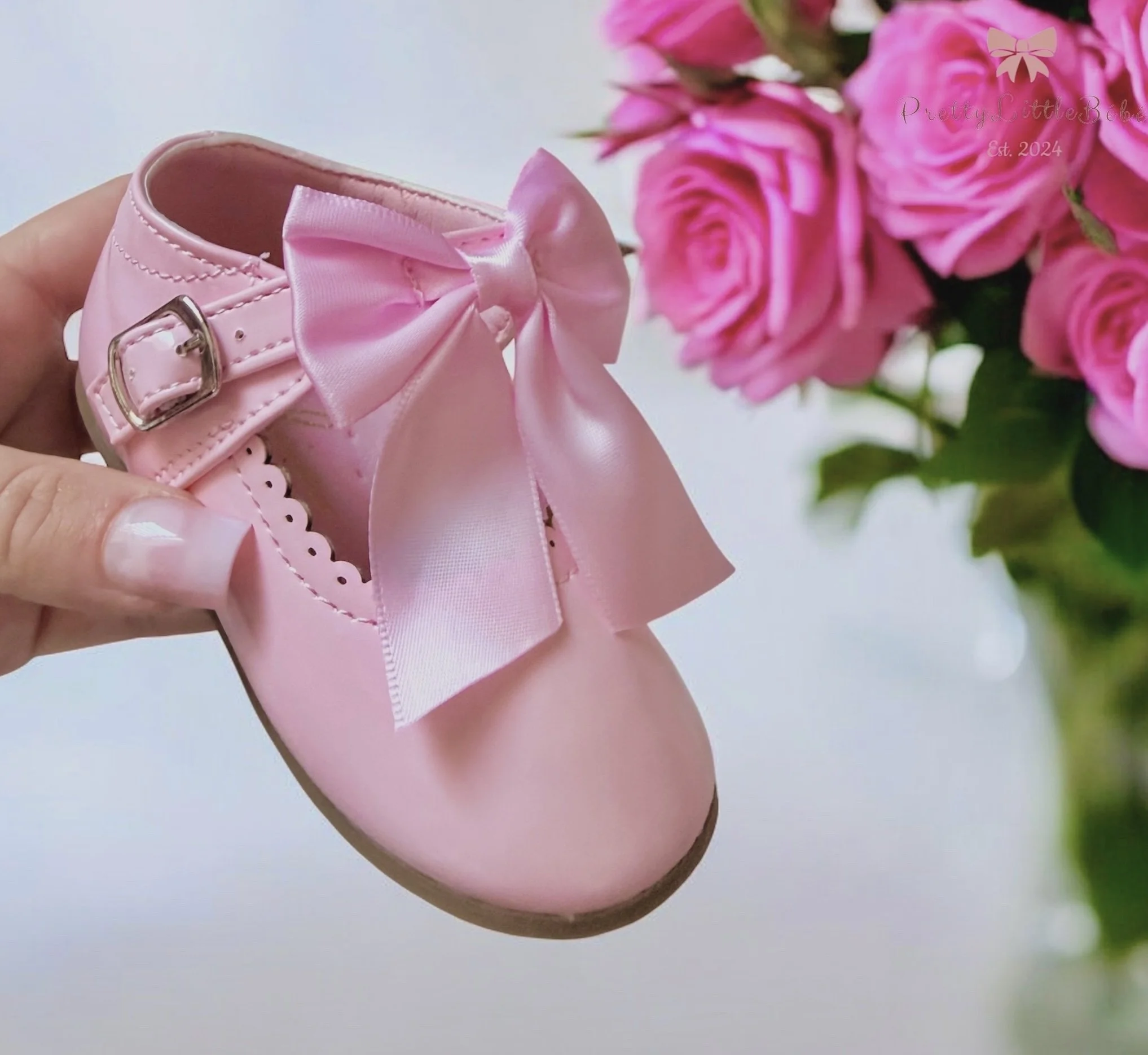 Spanish Pink Satin Bow Patent Shoes