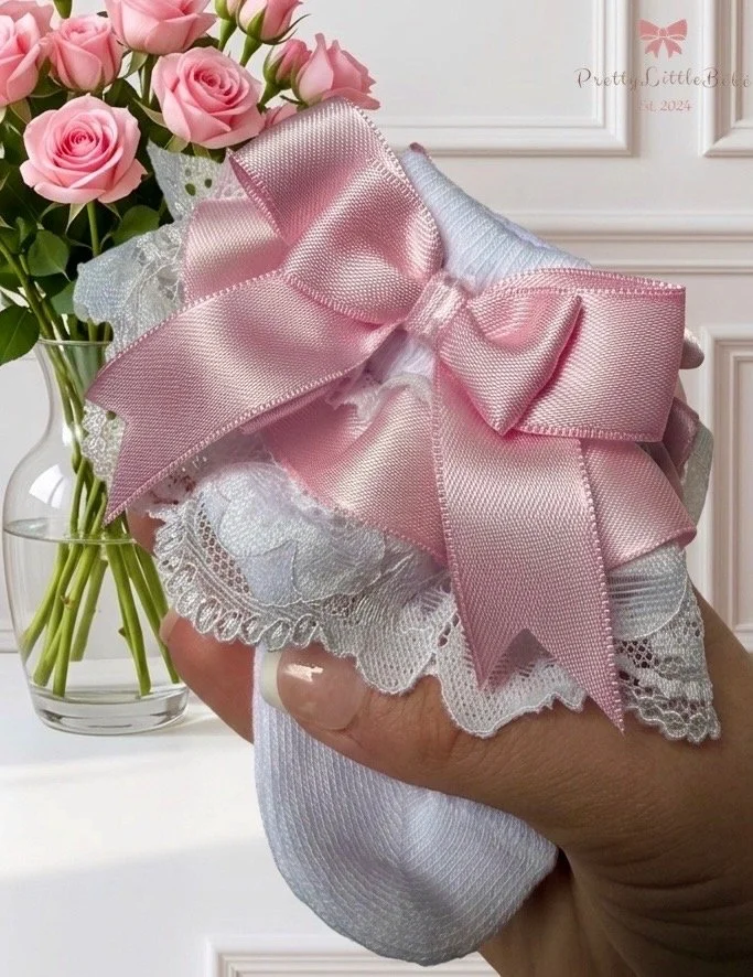 Pink Satin Bow Frilly Laced Socks