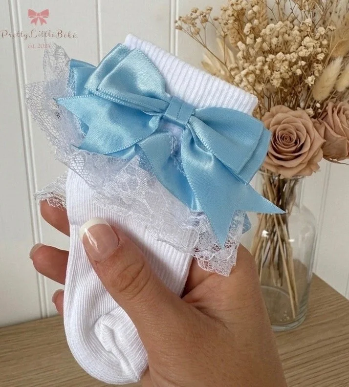 Sky Blue Satin Bow Frilly Laced Socks