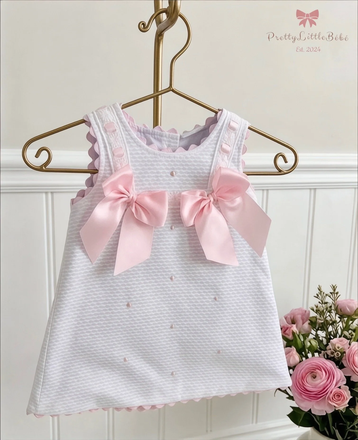 White Waffle Dress With Pink Bows