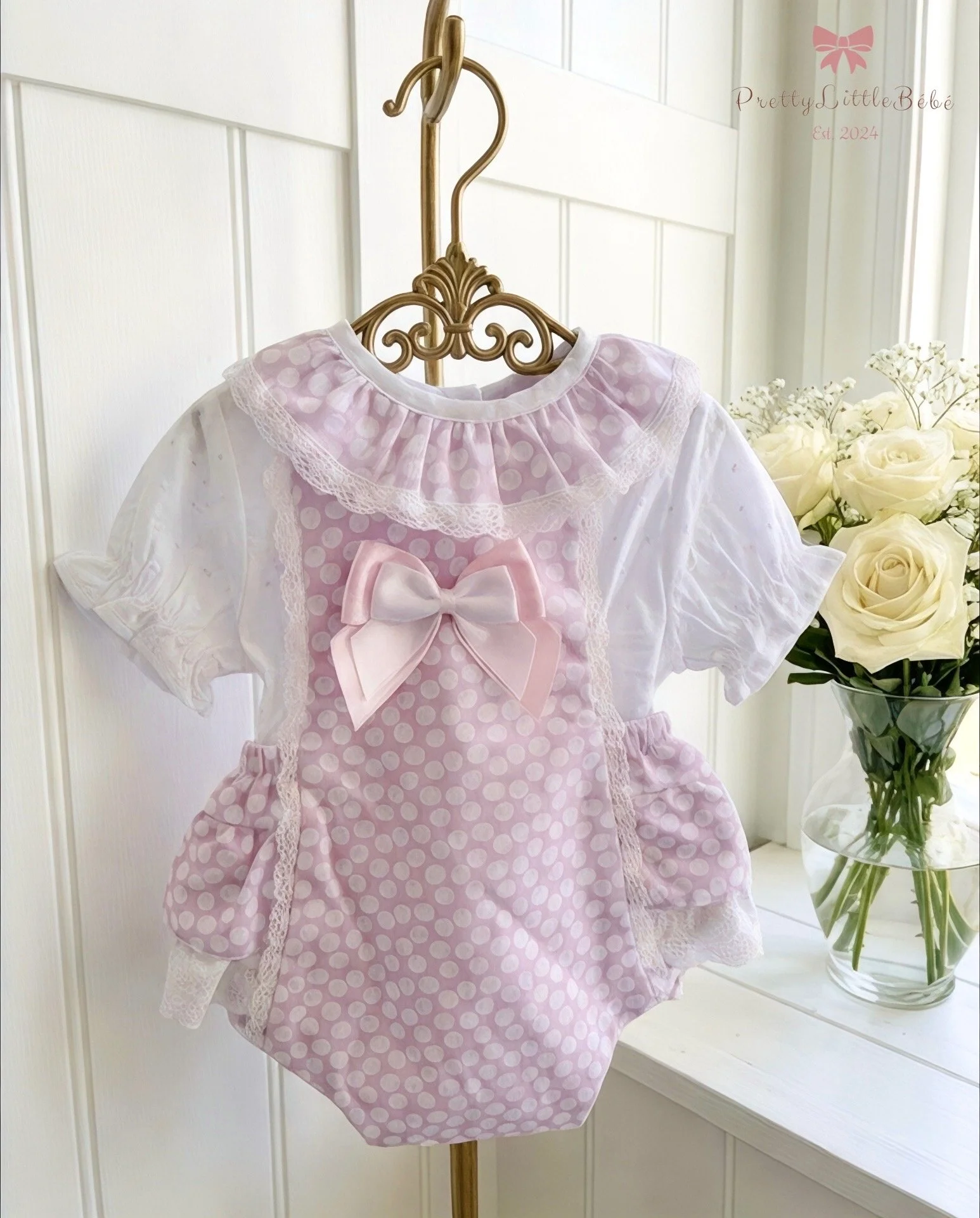 Lilac and White 2PC Bow Romper with Frilled Collar Top