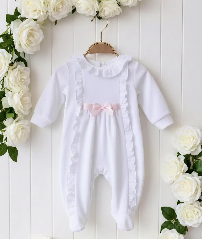 White Velour Babygrow With White Lace Trim & Pink Bow