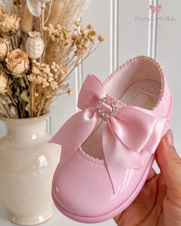 Pink Hard Sole Shoe With Pink Diamanté Bow