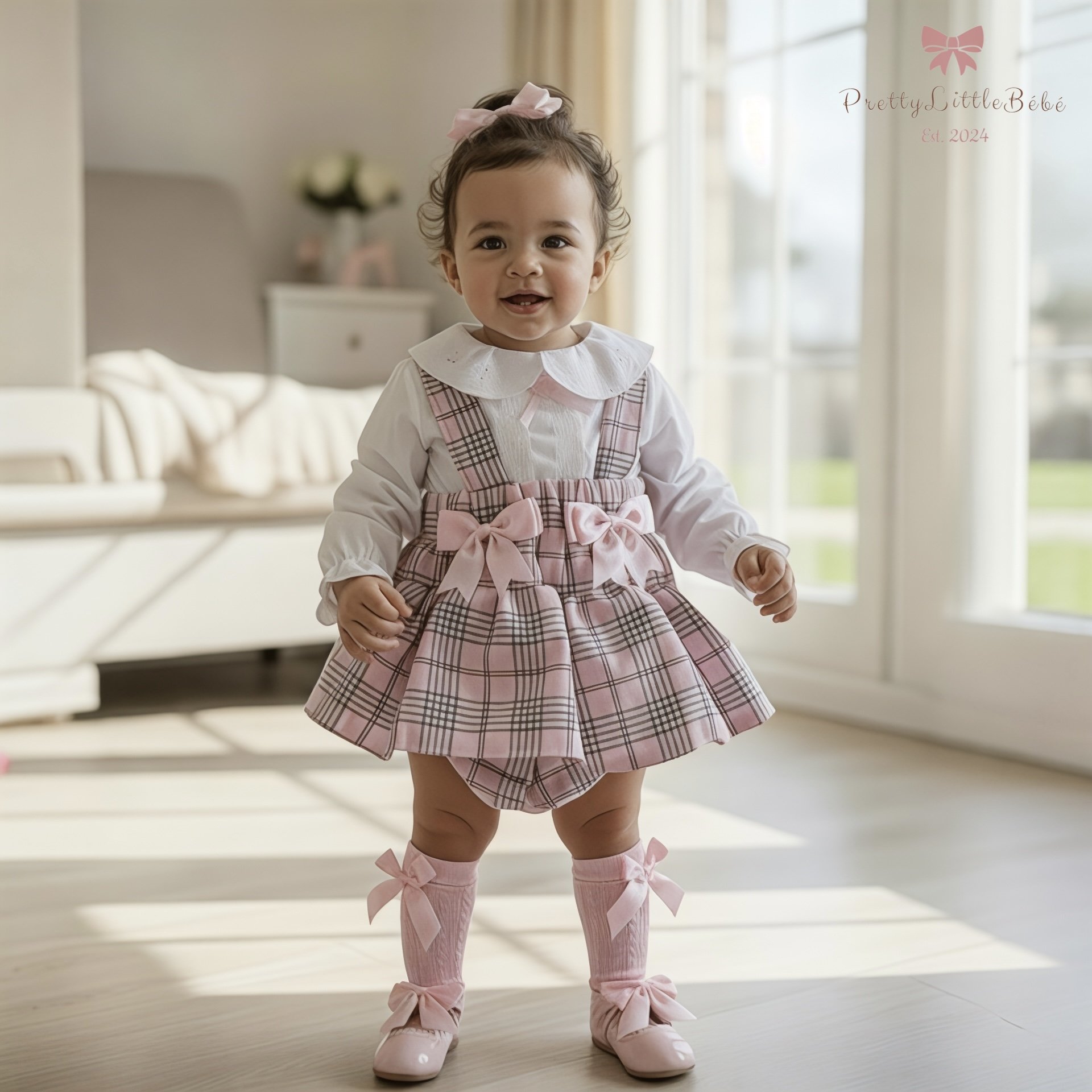 Pink Tartan Bow Pinafore With Blouse