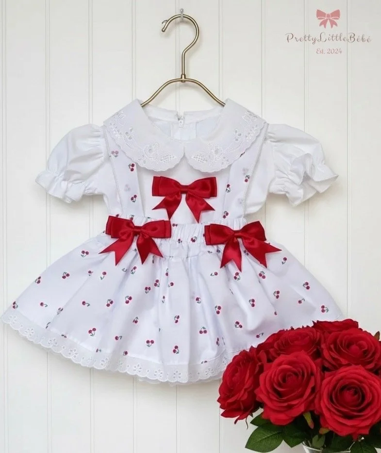 Cherry Print Bow Pinafore Romper With Blouse