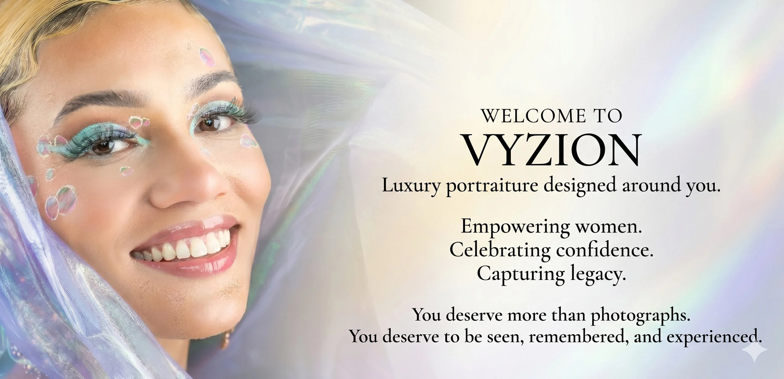 AI-generated close-up portrait of a smiling woman with artistic teal eye makeup and iridescent accessories — VYZION Photography luxury portraiture serving Columbia, Blythewood, and Charlotte.