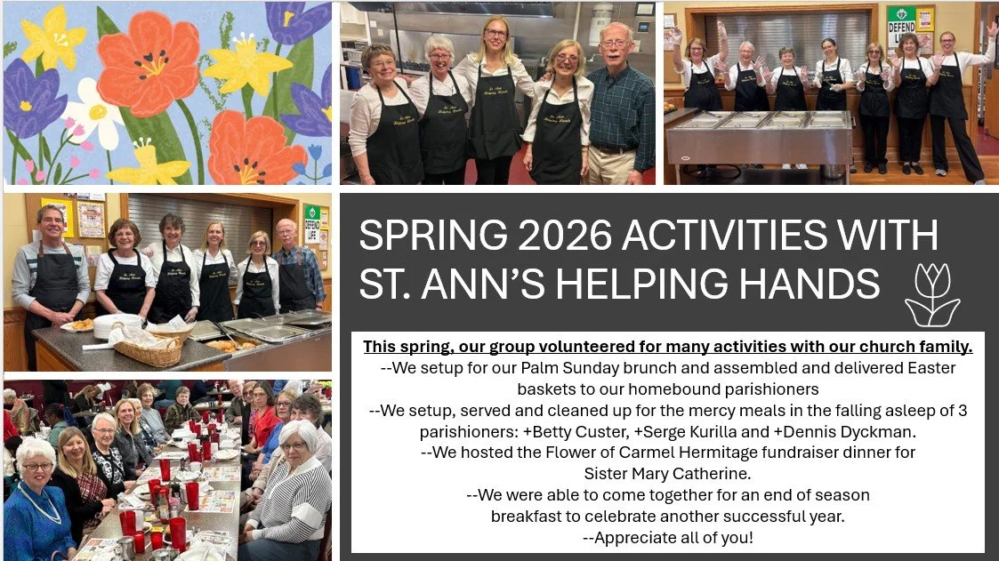Collage of photos showing volunteers in aprons preparing and serving food at a church event, with a group dining at a communal table, and a colorful floral illustration.