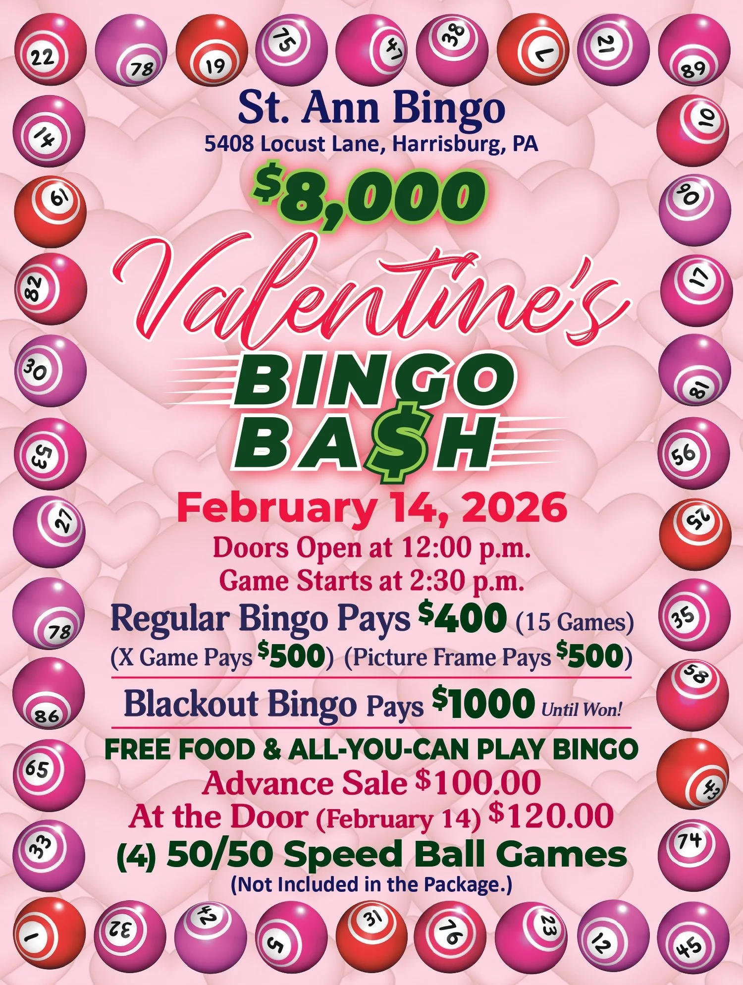 Pink background with hearts and bingo balls surrounding event details for St. Ann Bingo's Valentine's Bingo Bash on February 14, 2026, including information about game times, payouts, and sale prices.