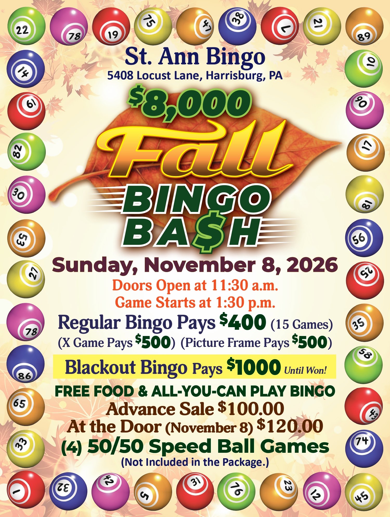 Flyer for St. Ann Bingo event in Harrisburg, PA on November 8, 2026, featuring colorful numbered bingo balls, the event's name, location, date, and details about prizes and food.
