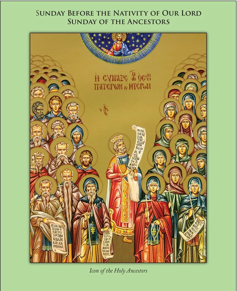 An icon of the Holy Ancestors, showing a group of biblical figures with halos, arranged around a central figure with a scroll, in a traditional religious art style. The image is framed by a green border with text above and below describing a biblical theme.