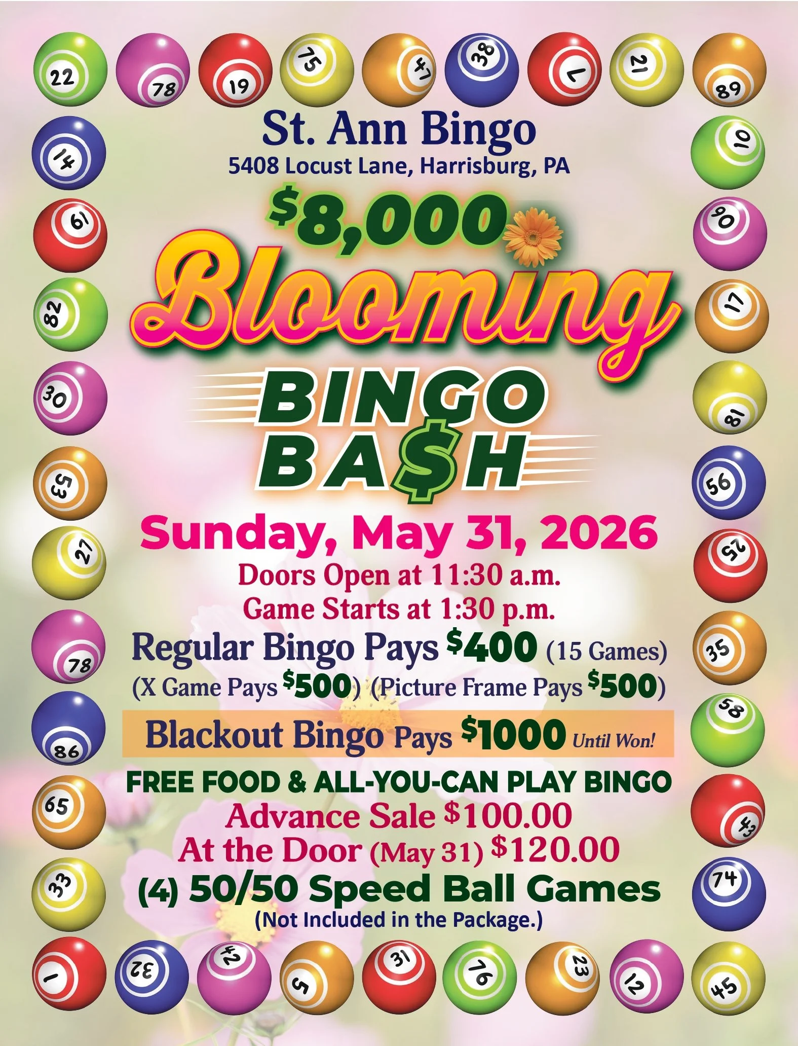 A colorful flyer for St. Ann Bingo Bash event with a background of multicolored bingo balls. The flyer includes event details, prizes, and ticket information, with the prominent text highlighting a $8,000 Blooming Jackpot and a $1000 blackout payout.