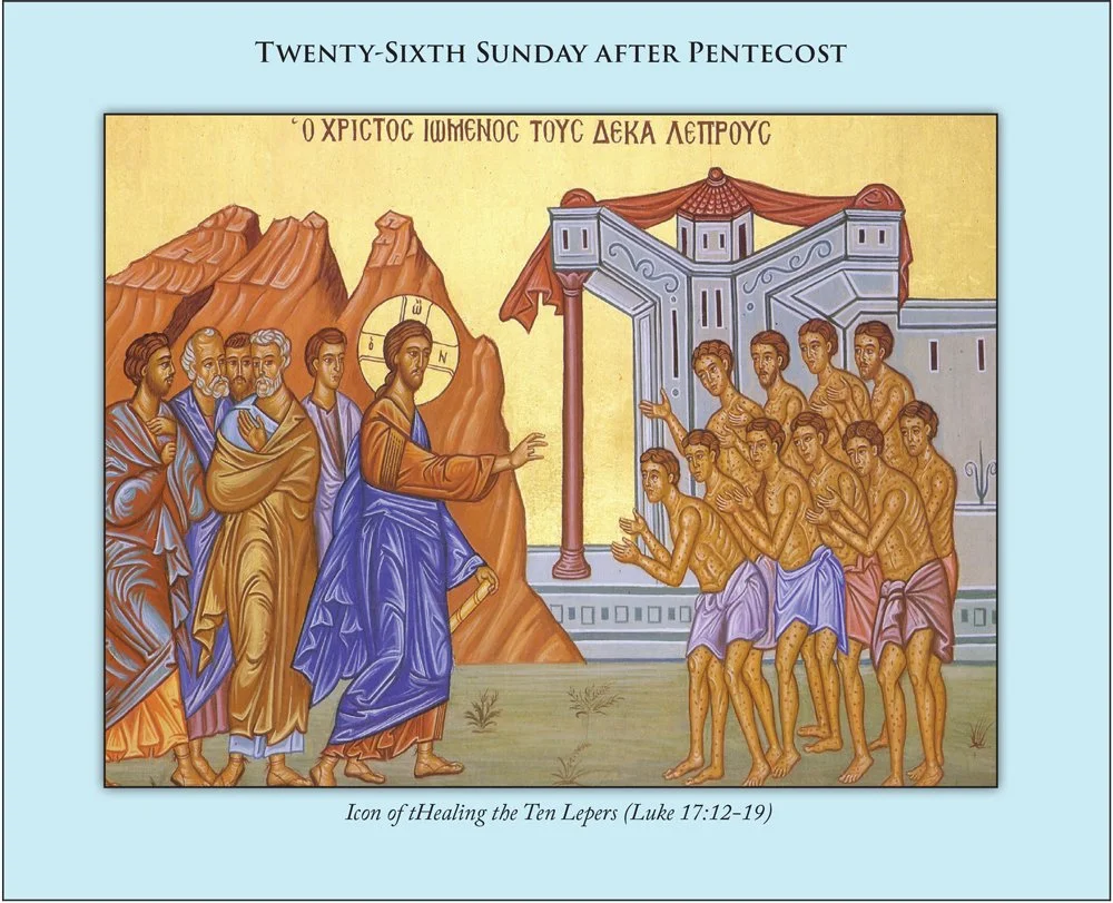 Icon of Jesus healing ten lepers in biblical attire, with lepers looking at Jesus and Jesus extending his hand towards them, against a background of mountains and a structure with drapery, in a traditional religious style.
