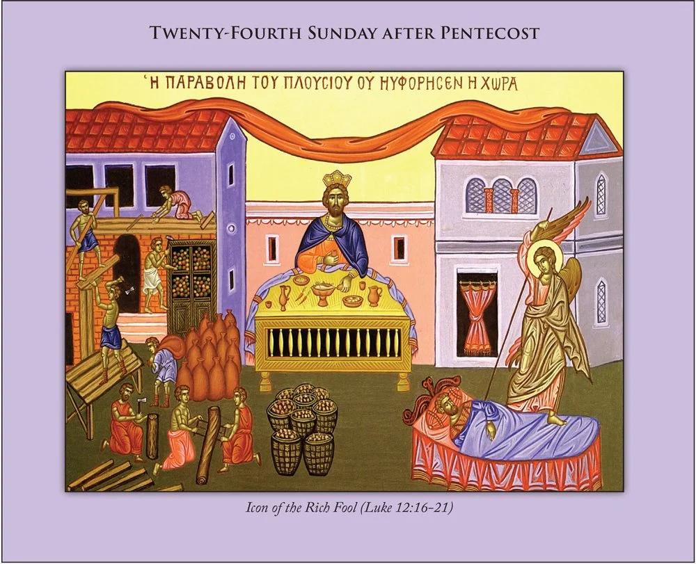 Religious icon depictng the Parable of the Rich Fool from Luke 12:16-21, showing a wealthy man with abundant harvests and storage, while a poor man lies on a bed, and a figure representing Jesus or God overseeing the scene.
