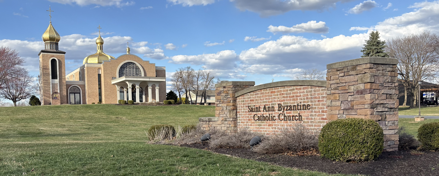 Saint Ann Byzantine Catholic Church with its golden domes and entrance sign