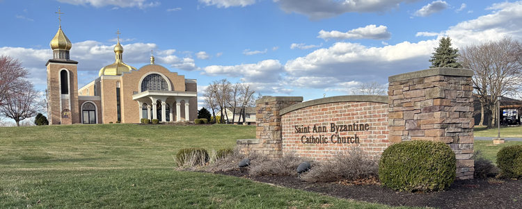 Saint Ann Byzantine Catholic Church with its golden domes and entrance sign