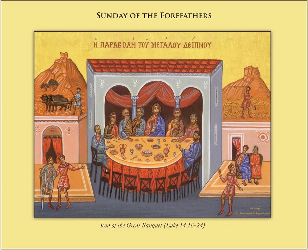 An icon depicting the Last Supper, with Jesus and his apostles seated around a banquet table, set against a yellow background with Greek text and a caption noting the biblical passage Luke 14:16-24.